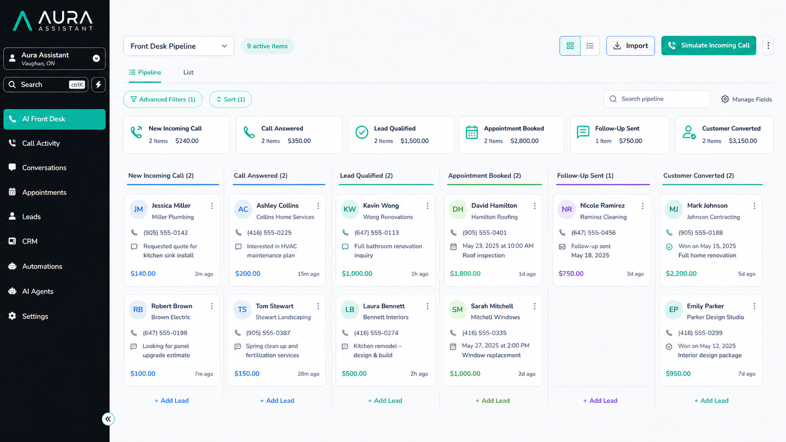 Aura AI Front Desk dashboard showing calls, appointments, leads, follow-ups, and conversions